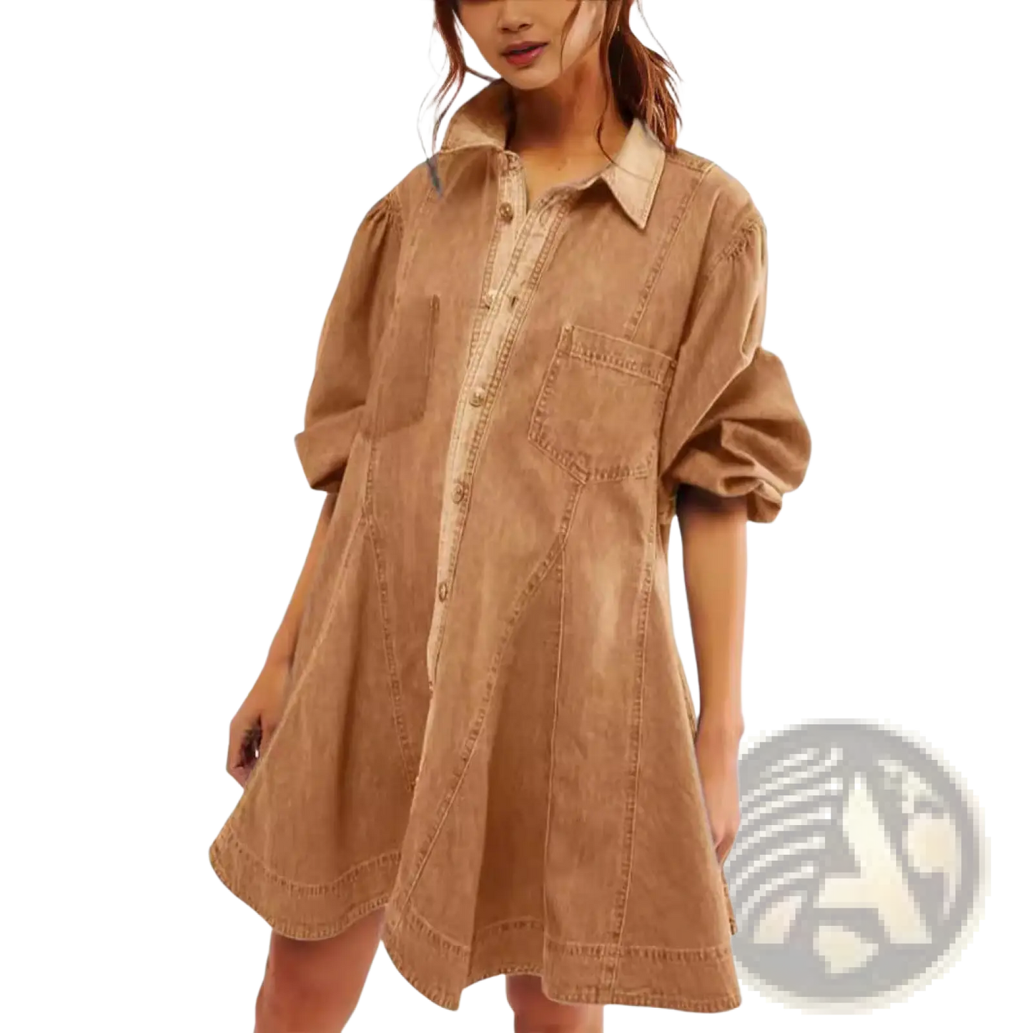 Lantern Sleeve Patch Pocket Denim Shirt Dress
