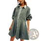 Lantern Sleeve Patch Pocket Denim Shirt Dress