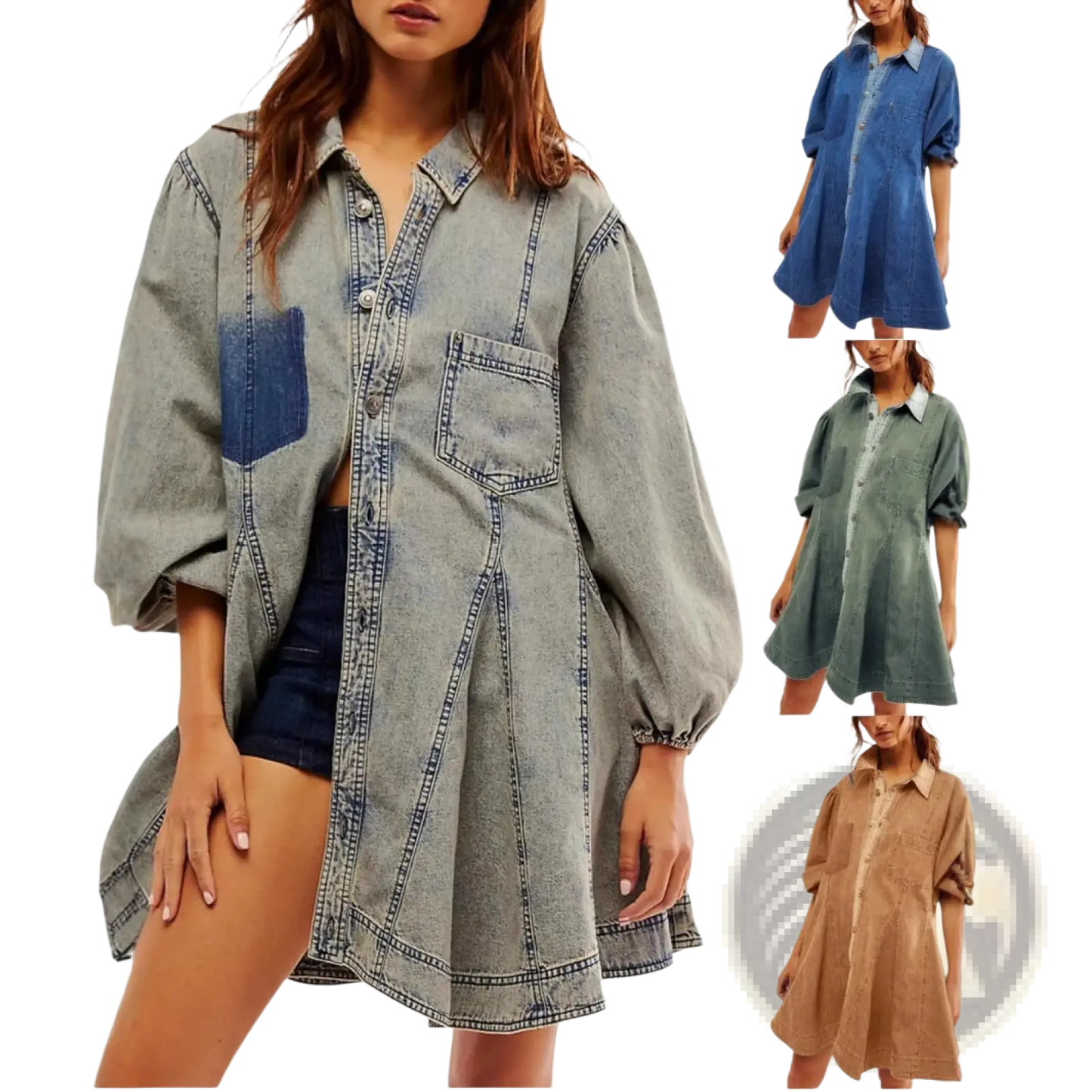 Lantern Sleeve Patch Pocket Denim Shirt Dress