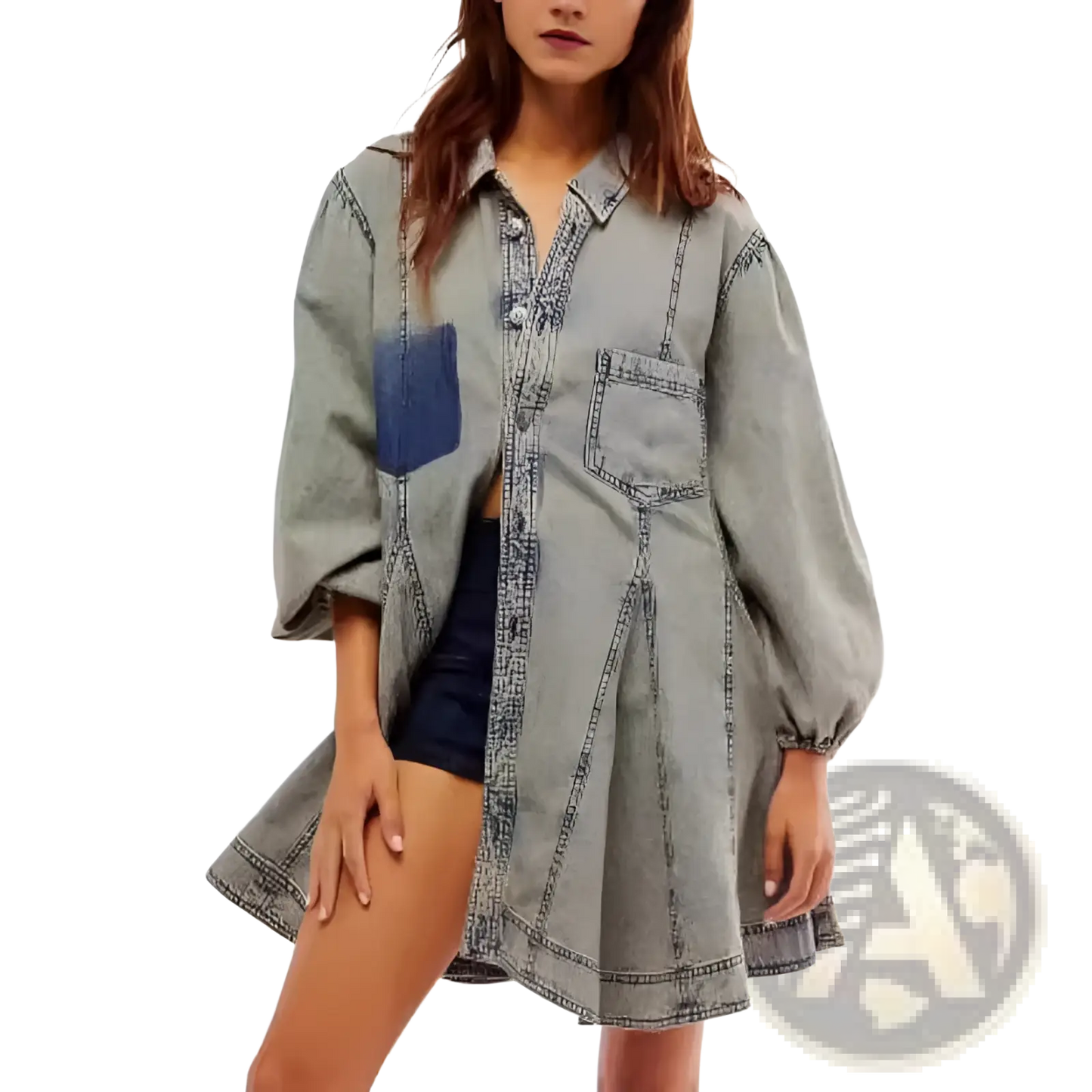 Lantern Sleeve Patch Pocket Denim Shirt Dress