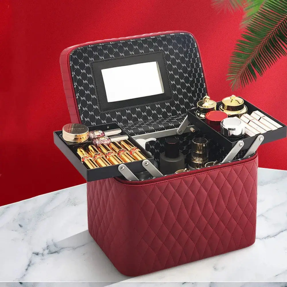 Quilted Korean Travel Cosmetic Case with Mirror