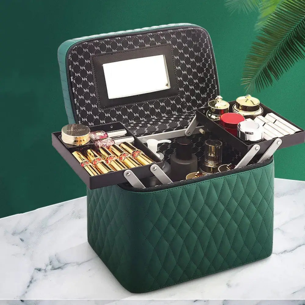Quilted Korean Travel Cosmetic Case with Mirror