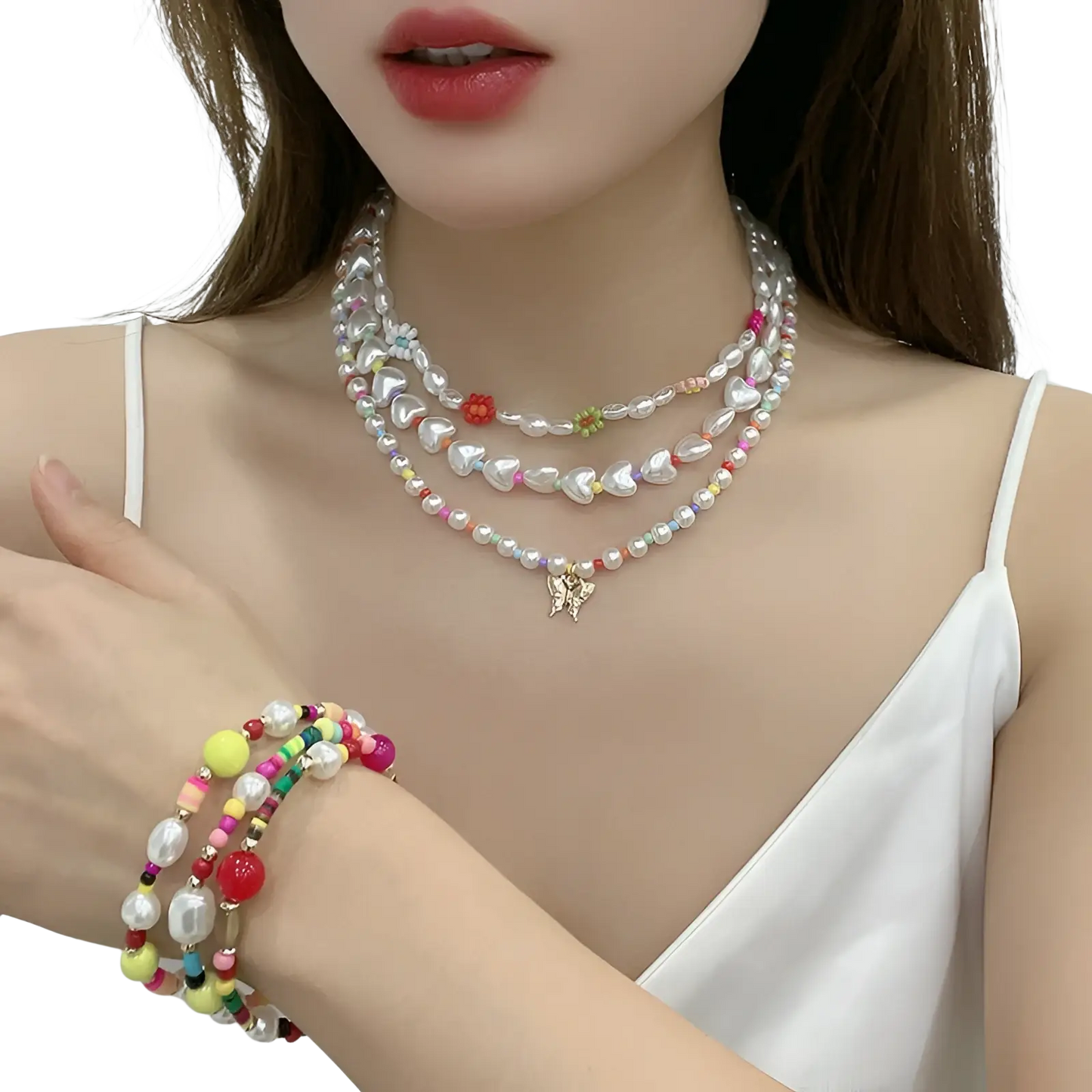 Layered Gold Butterfly and Pearl Jewelry Set for Women