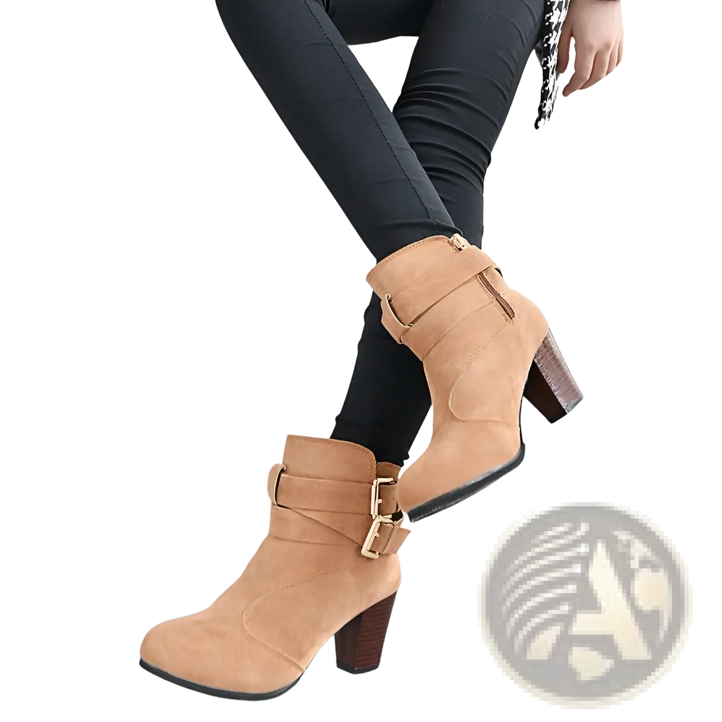 Leather Ankle Boots Gold Buckle Block Heel Pumps