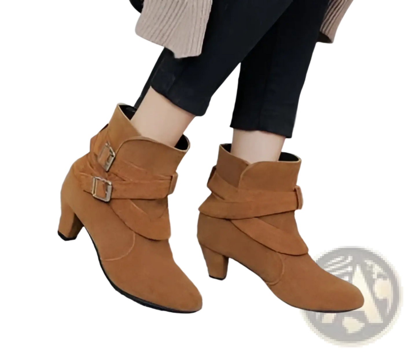 Leather Ankle Boots Gold Buckle Block Heel Pumps