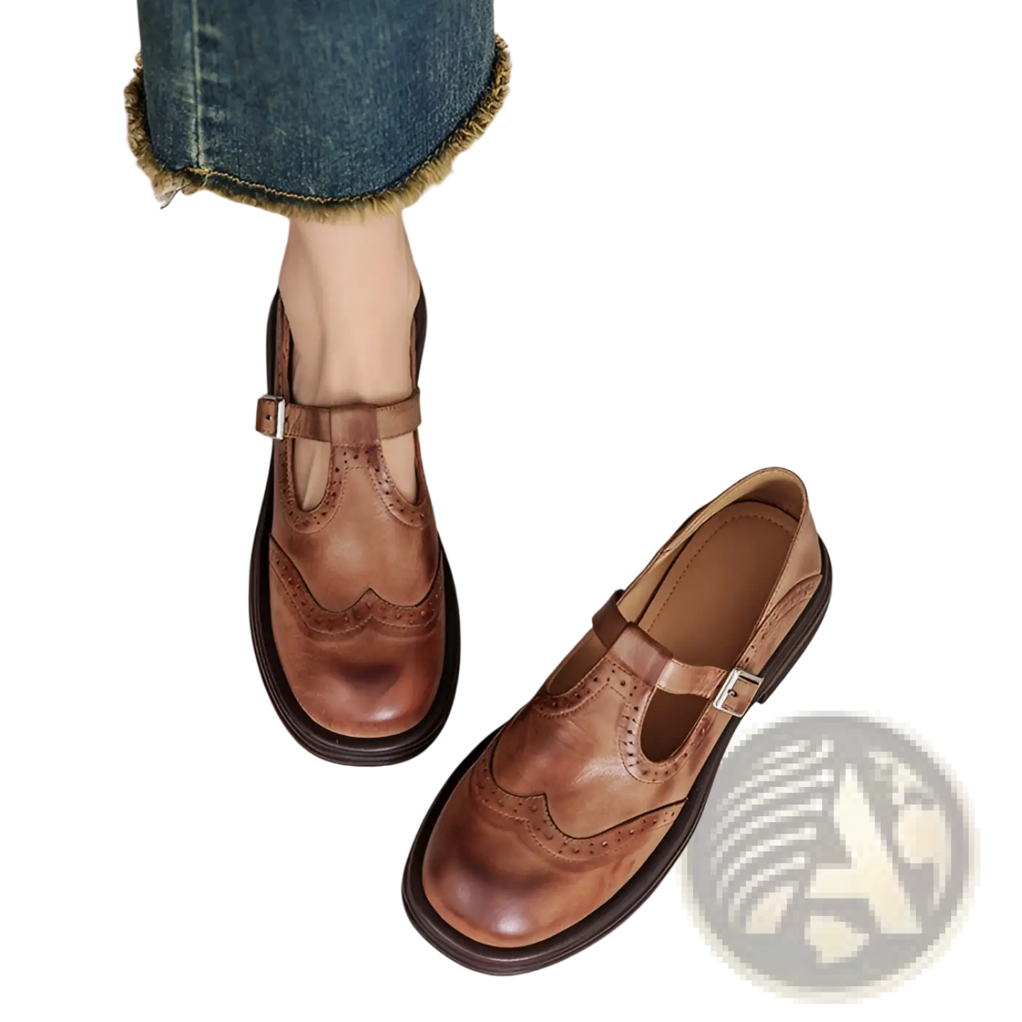 Leather Brogue Mary Jane Shoes for Women Brown Black