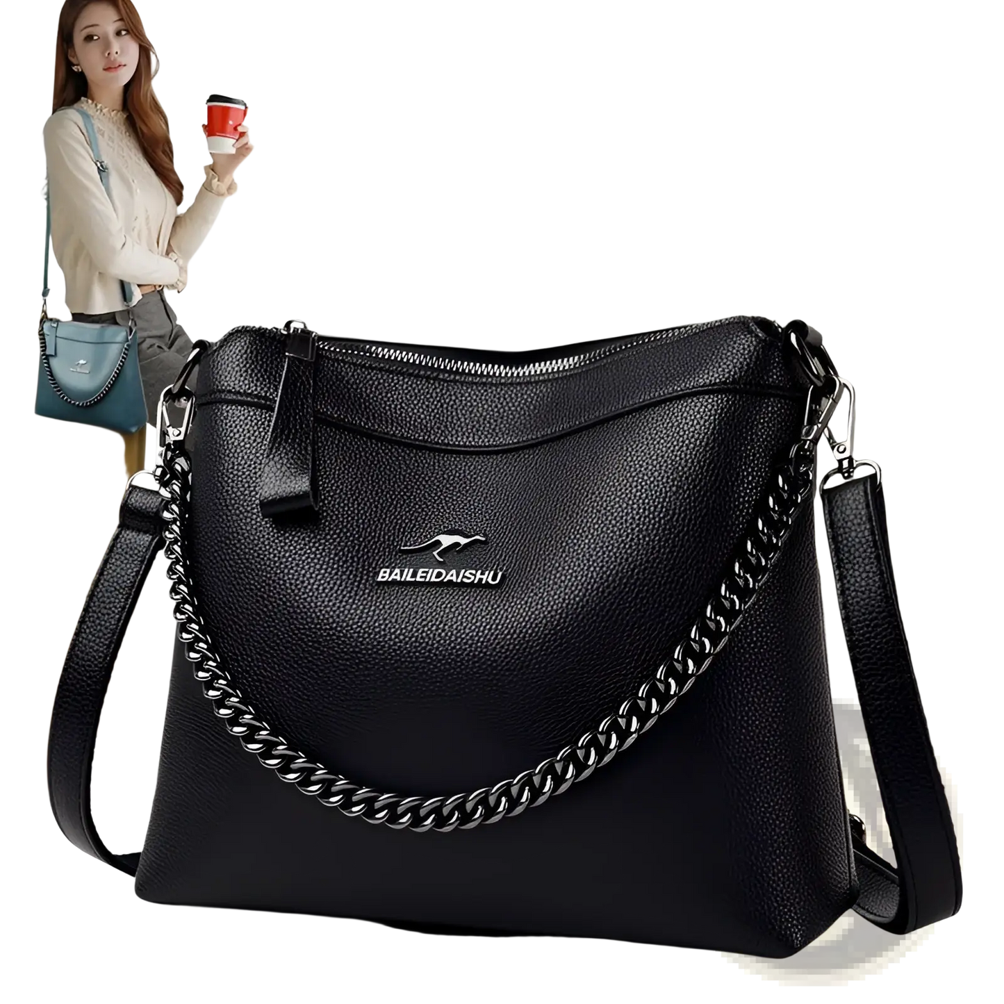 Leather Crossbody Handbag with Silver Chain Strap