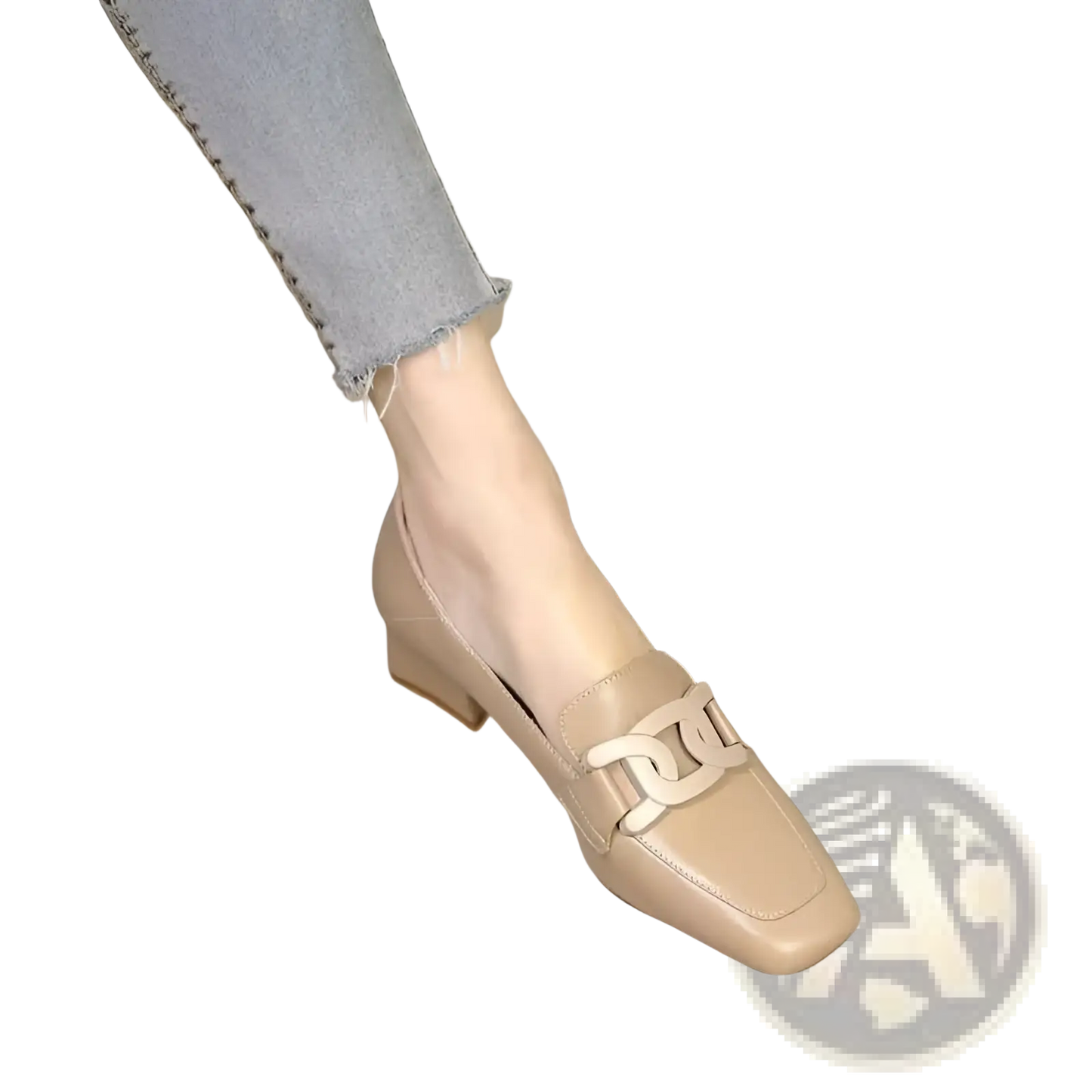 Leather Loafers with Metal Buckle Square Toe Pumps