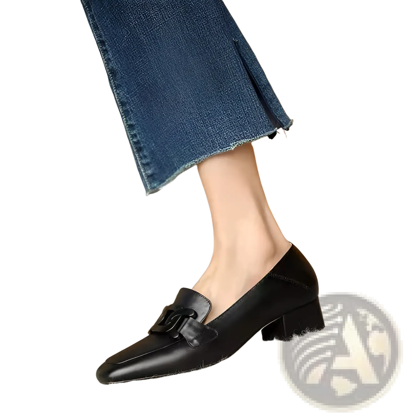 Leather Loafers with Metal Buckle Square Toe Pumps