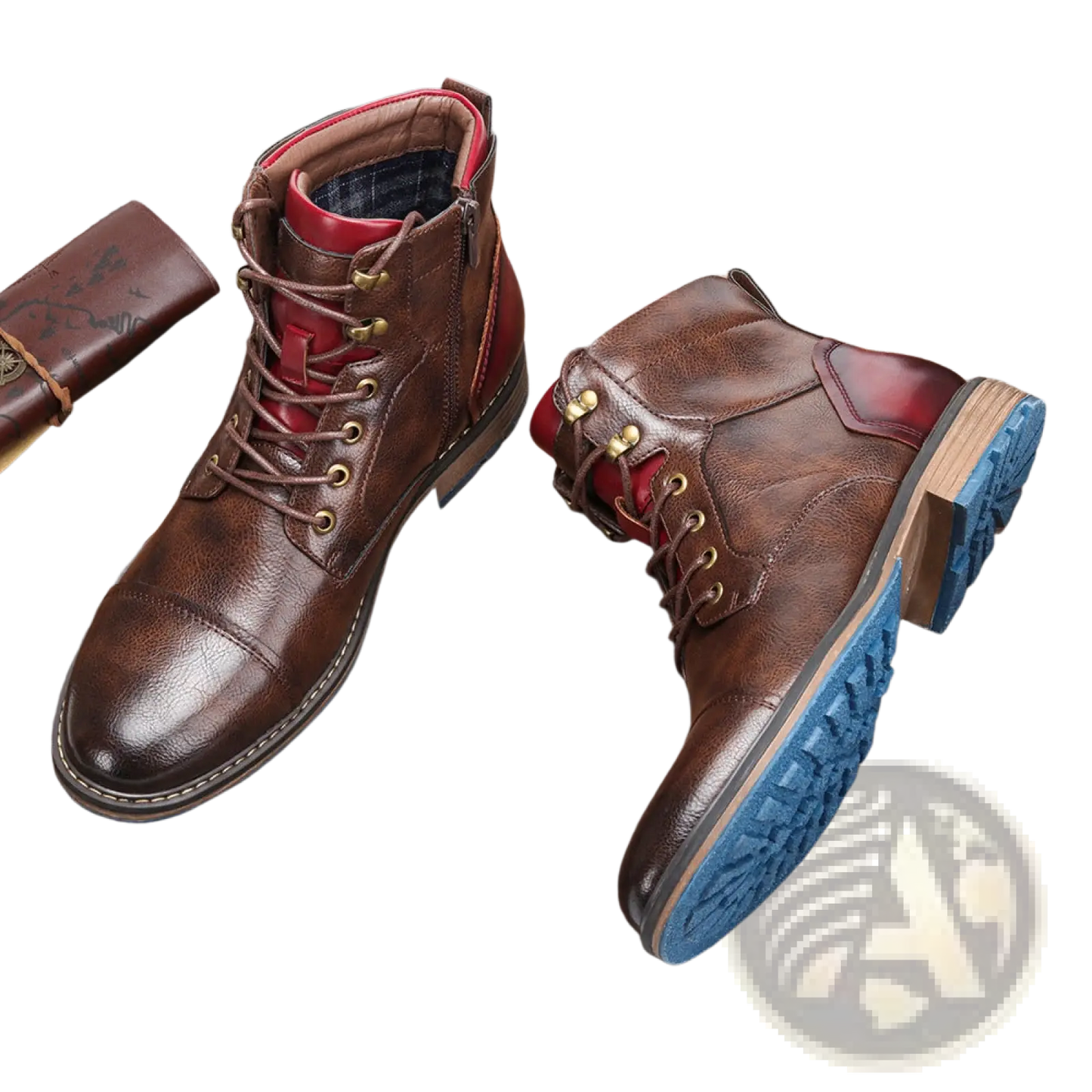 Leather Martin Boots with Red Panel and Brass Eyelets