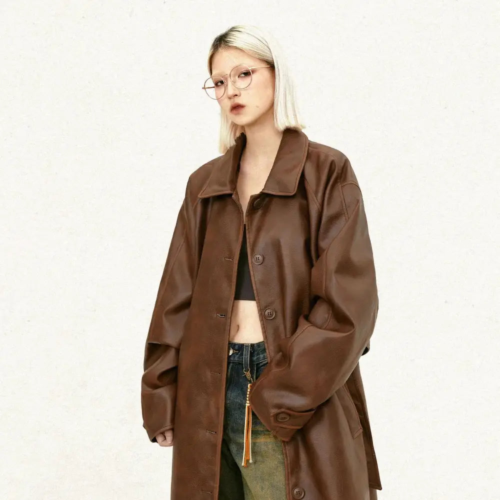 Unisex Faux Leather Mid Length Trench Coat