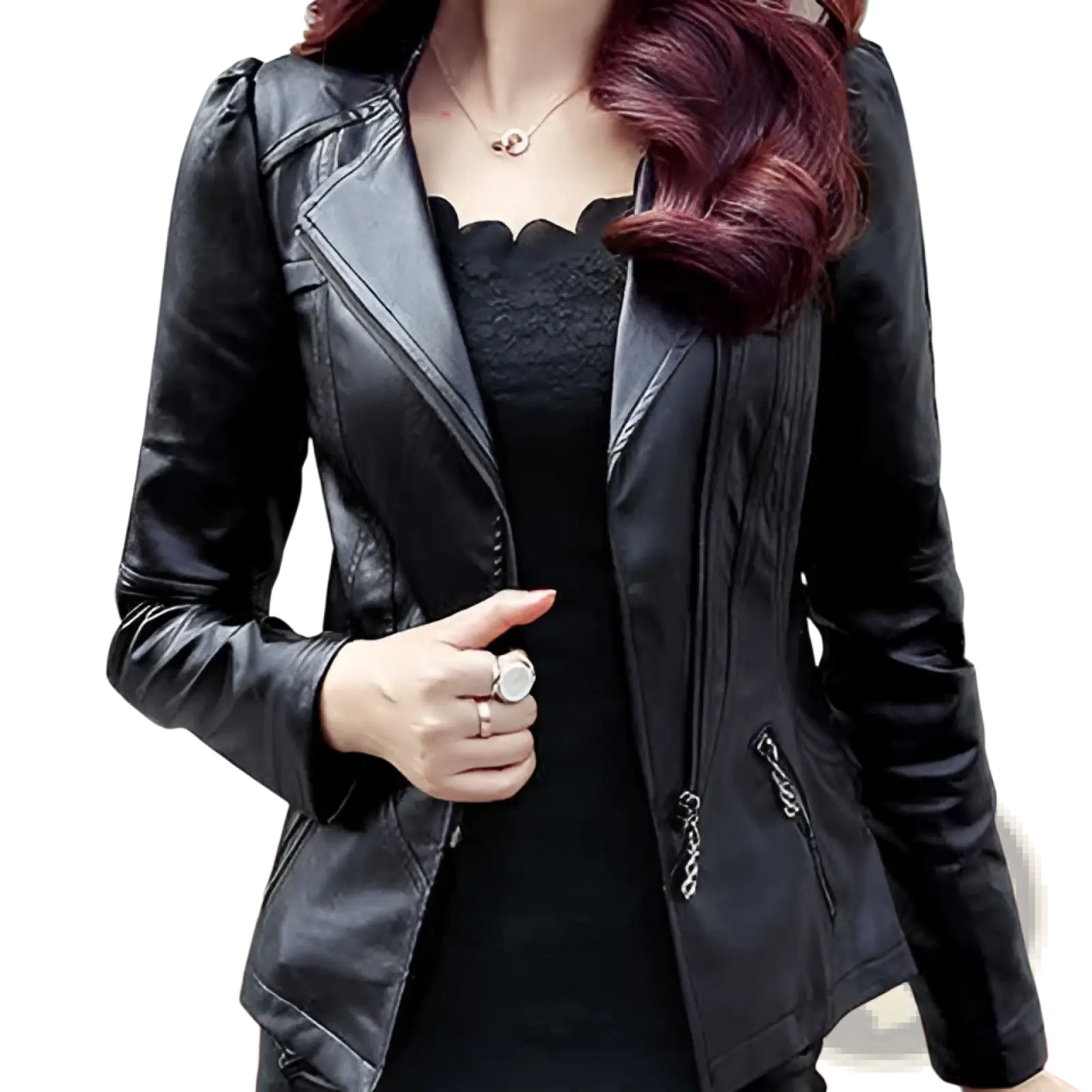 Leather Moto Jacket with High Collar and Puff Sleeves