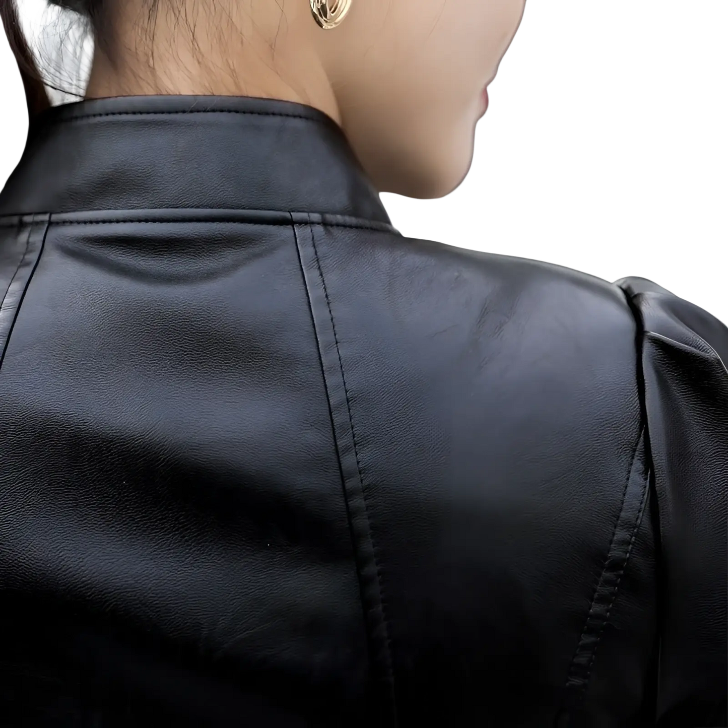 Leather Moto Jacket with High Collar and Puff Sleeves