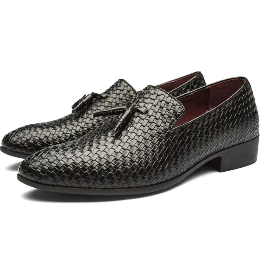 Men's Black Woven Leather Tassel Loafers