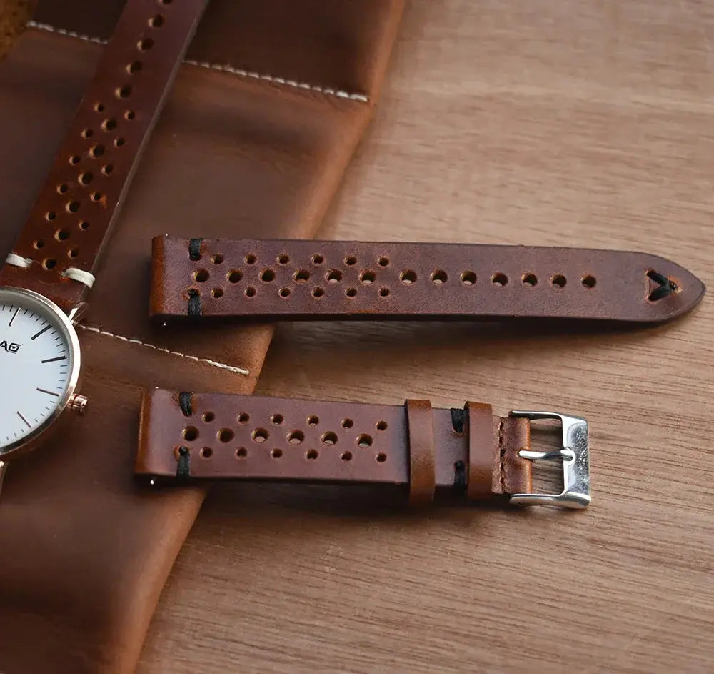 Handmade Perforated Crazy Horse Leather Accessory Strap