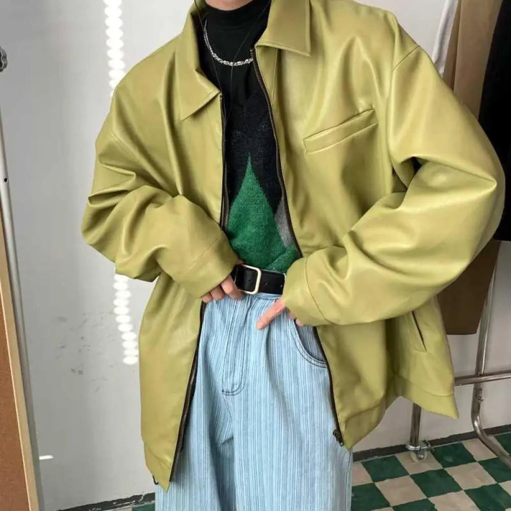 Men's Relaxed Fit Olive Green Faux Leather Jacket