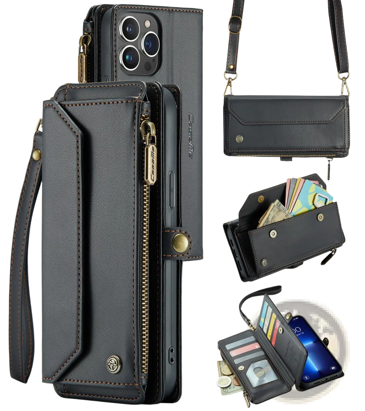 Leather Wallet Phone Case with Removable Wrist Strap