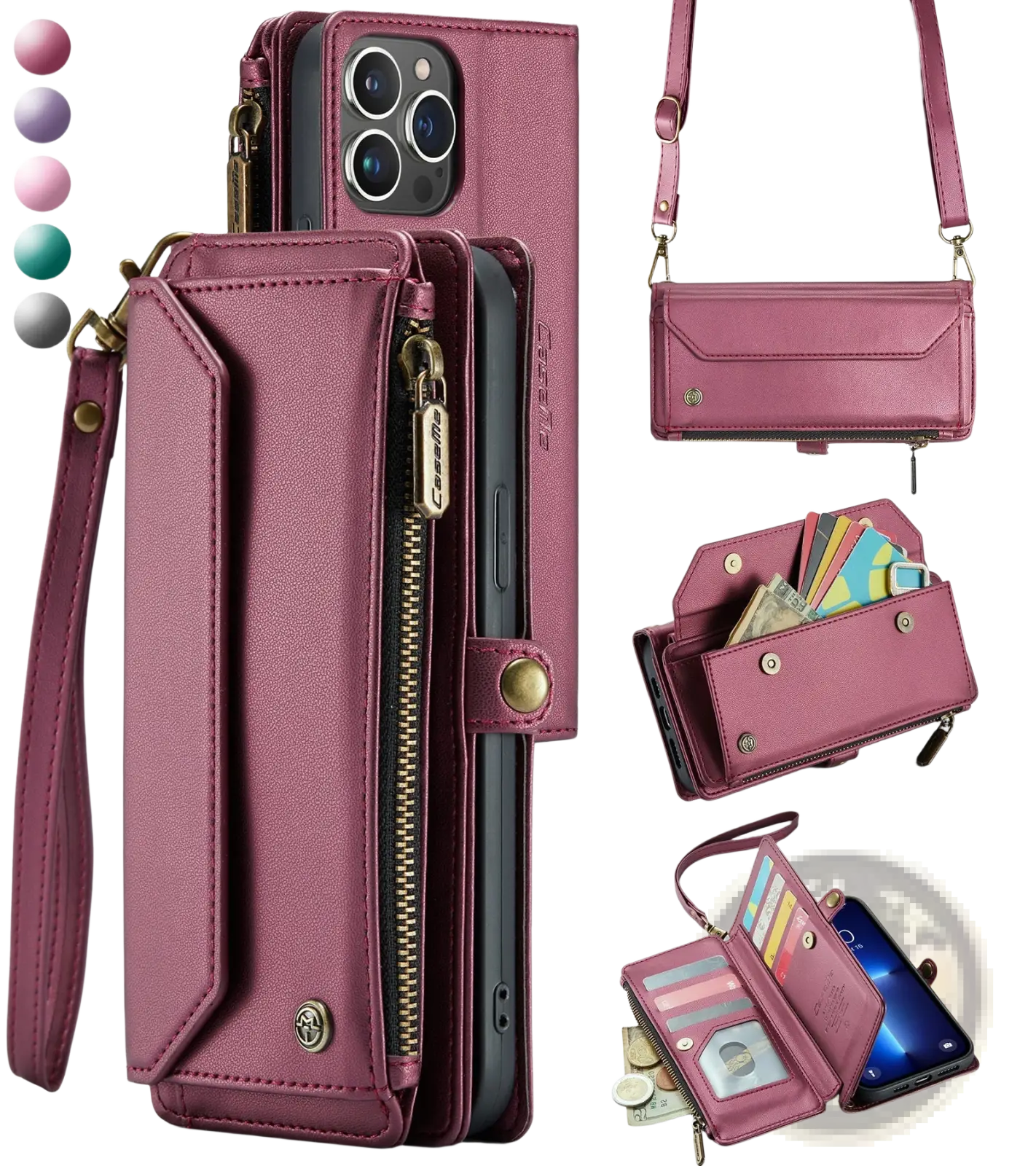 Leather Wallet Phone Case with Removable Wrist Strap