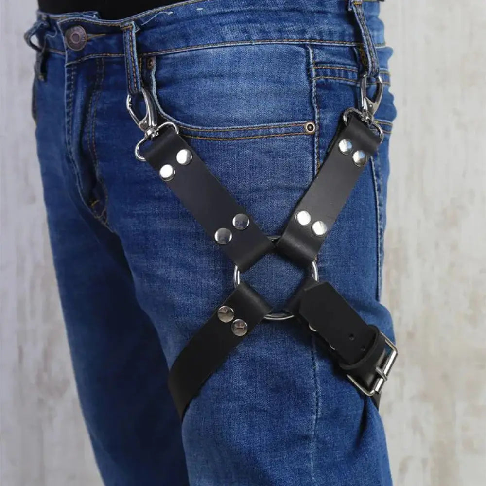 Adjustable Black Leather Hip Harness with Silver Hardware
