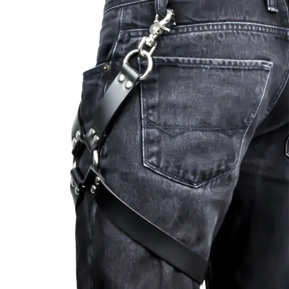 Adjustable Black Leather Hip Harness with Silver Hardware