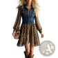Leopard Print Chiffon Dress with Denim Vest Overlay