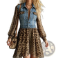 Leopard Print Chiffon Dress with Denim Vest Overlay
