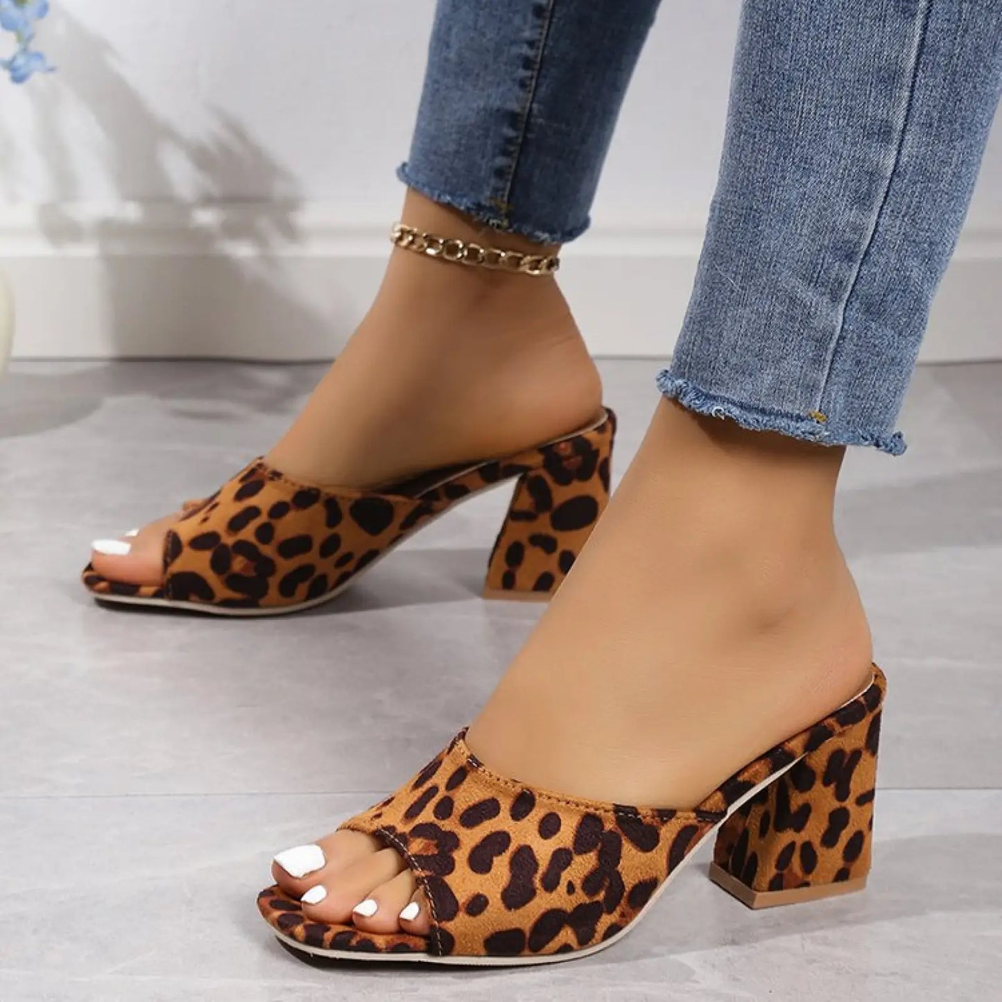 Leopard Square Toe Chunky Heel Sandals