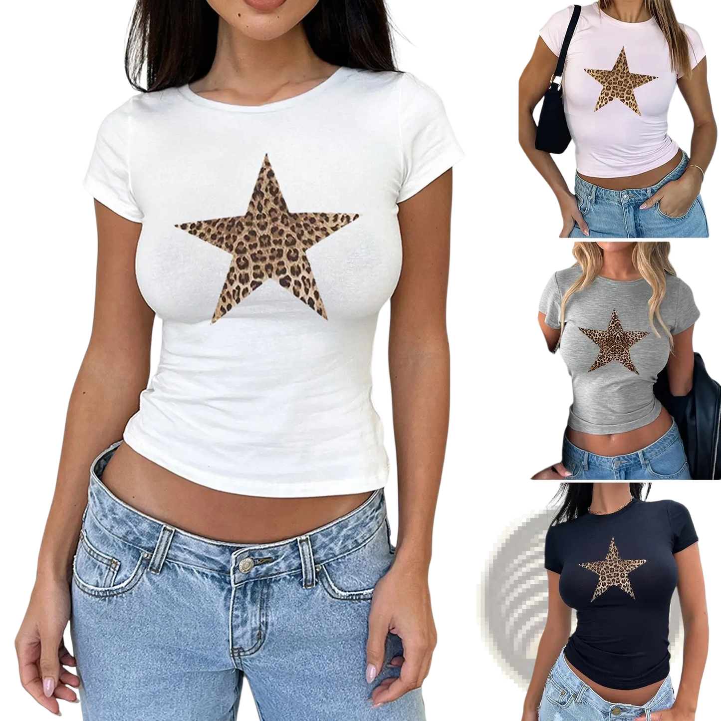 Leopard Star Slim Fit Short Sleeve Crop Top