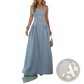 Light Blue Denim Square Neck Maxi Dress with Side Slit