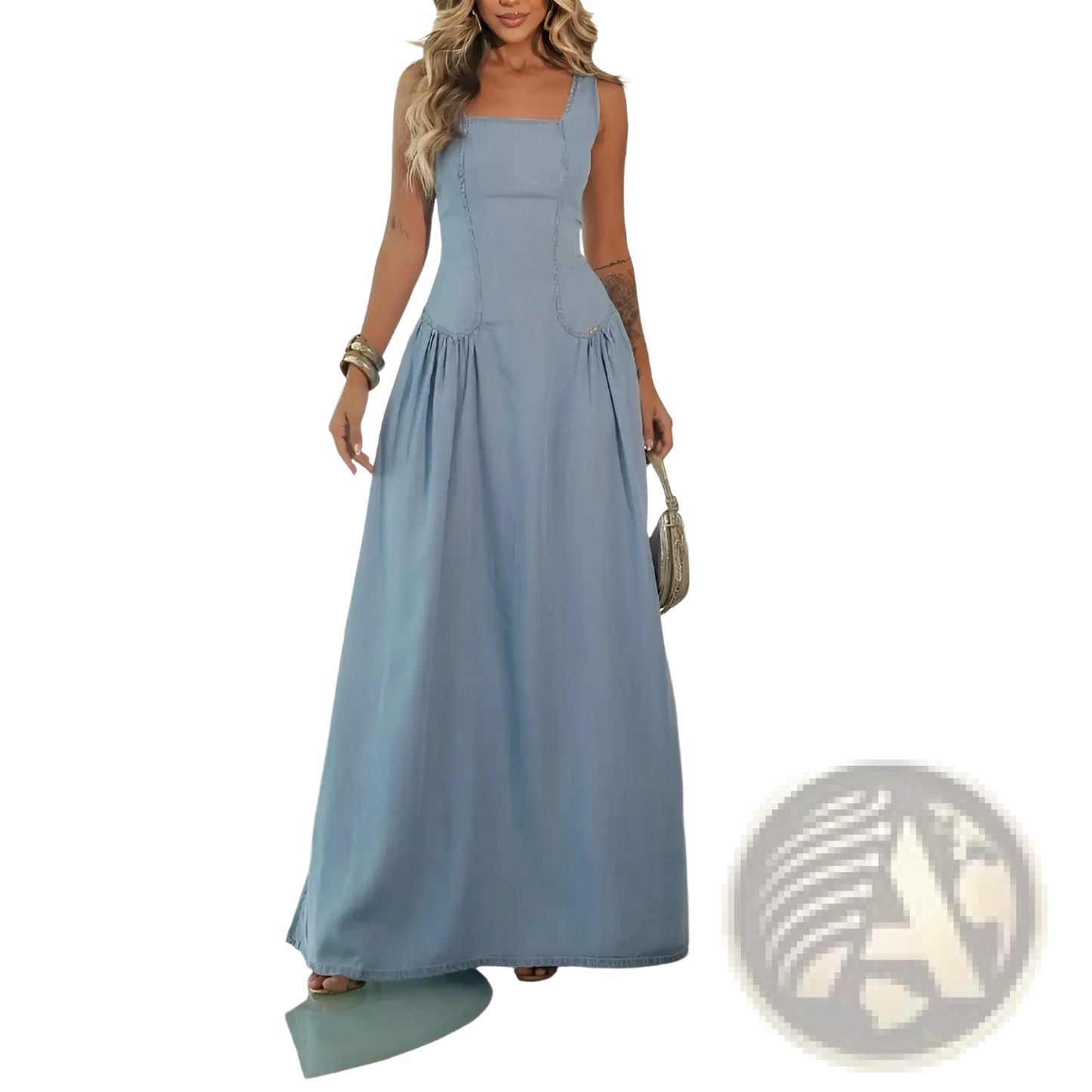 Light Blue Denim Square Neck Maxi Dress with Side Slit