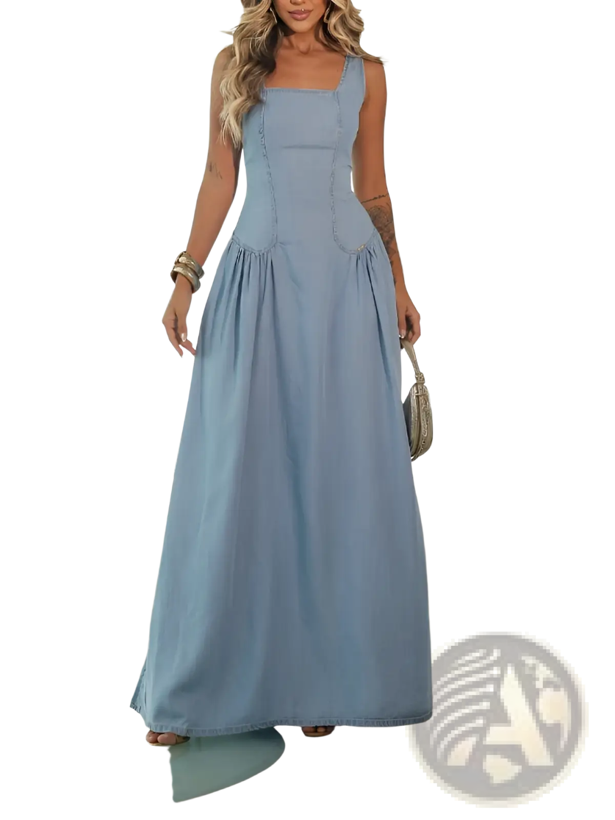 Light Blue Denim Square Neck Maxi Dress with Side Slit