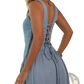 Light Blue Denim Square Neck Maxi Dress with Side Slit
