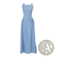 Light Blue Denim Square Neck Maxi Dress with Side Slit