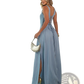 Light Blue Denim Square Neck Maxi Dress with Side Slit