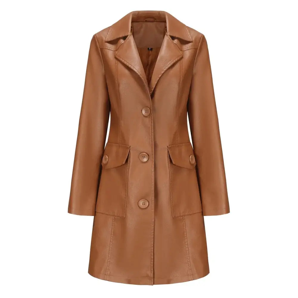 Women's Double Breasted Long Faux Leather Trench Coat