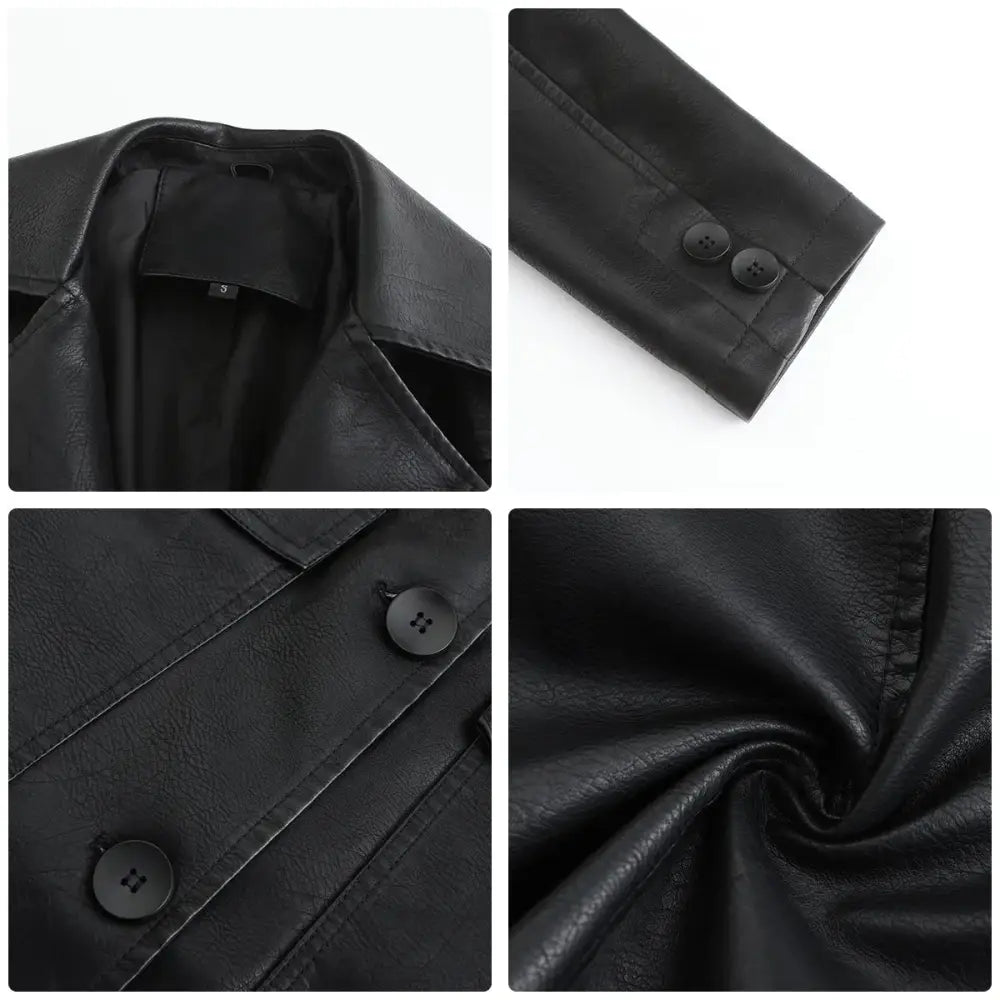 Women's Double Breasted Long Faux Leather Trench Coat