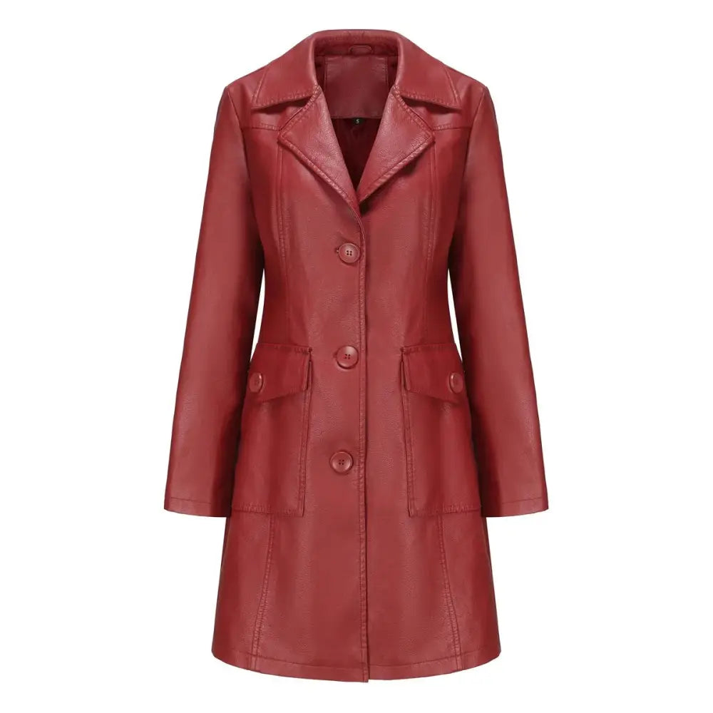 Women's Double Breasted Long Faux Leather Trench Coat
