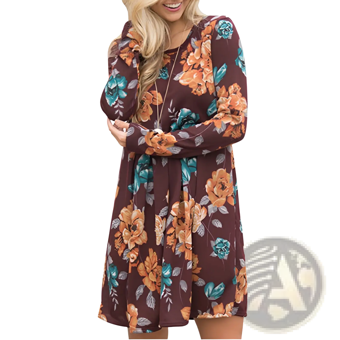 Long Sleeve Floral A-line High Waist Midi Dress