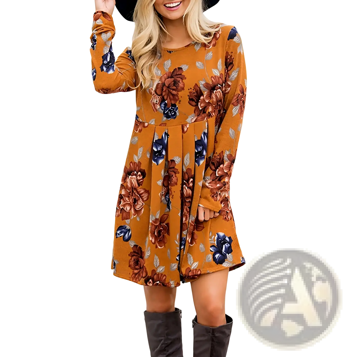 Long Sleeve Floral A-line High Waist Midi Dress