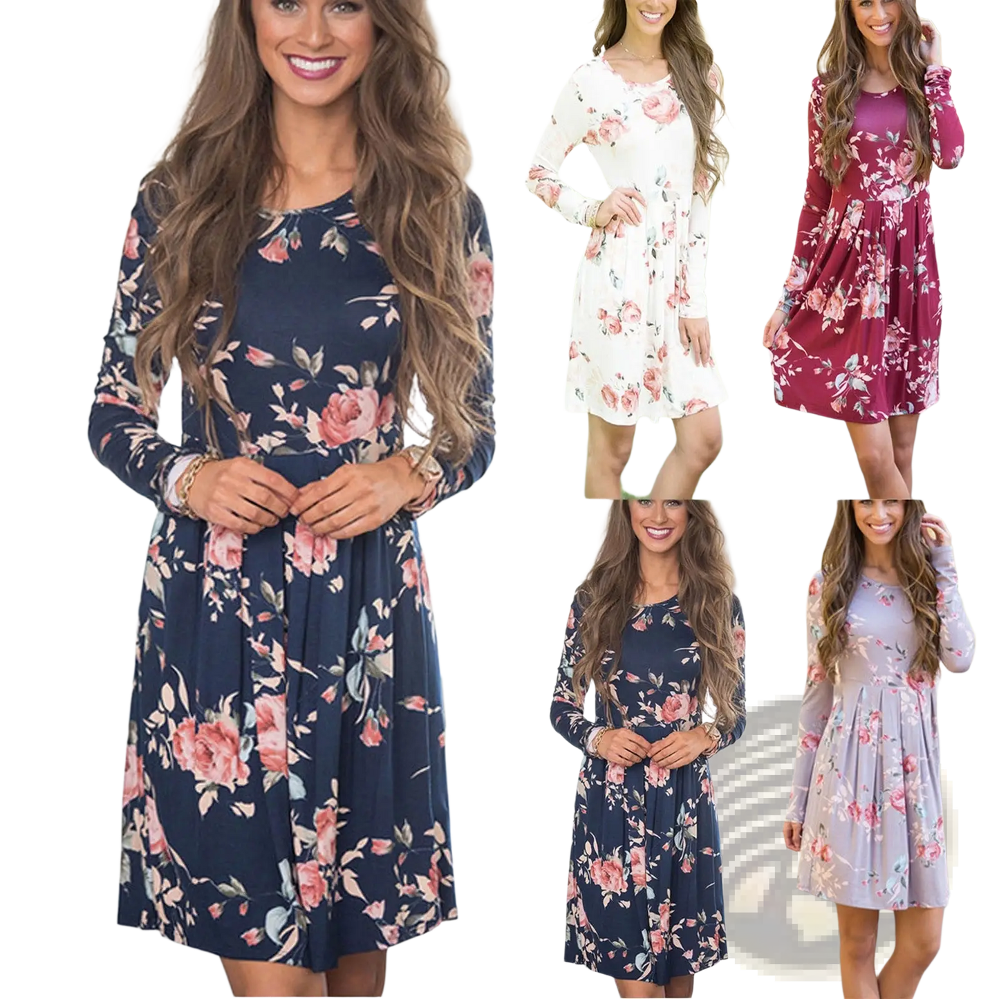 Long Sleeve Floral A-line High Waist Midi Dress