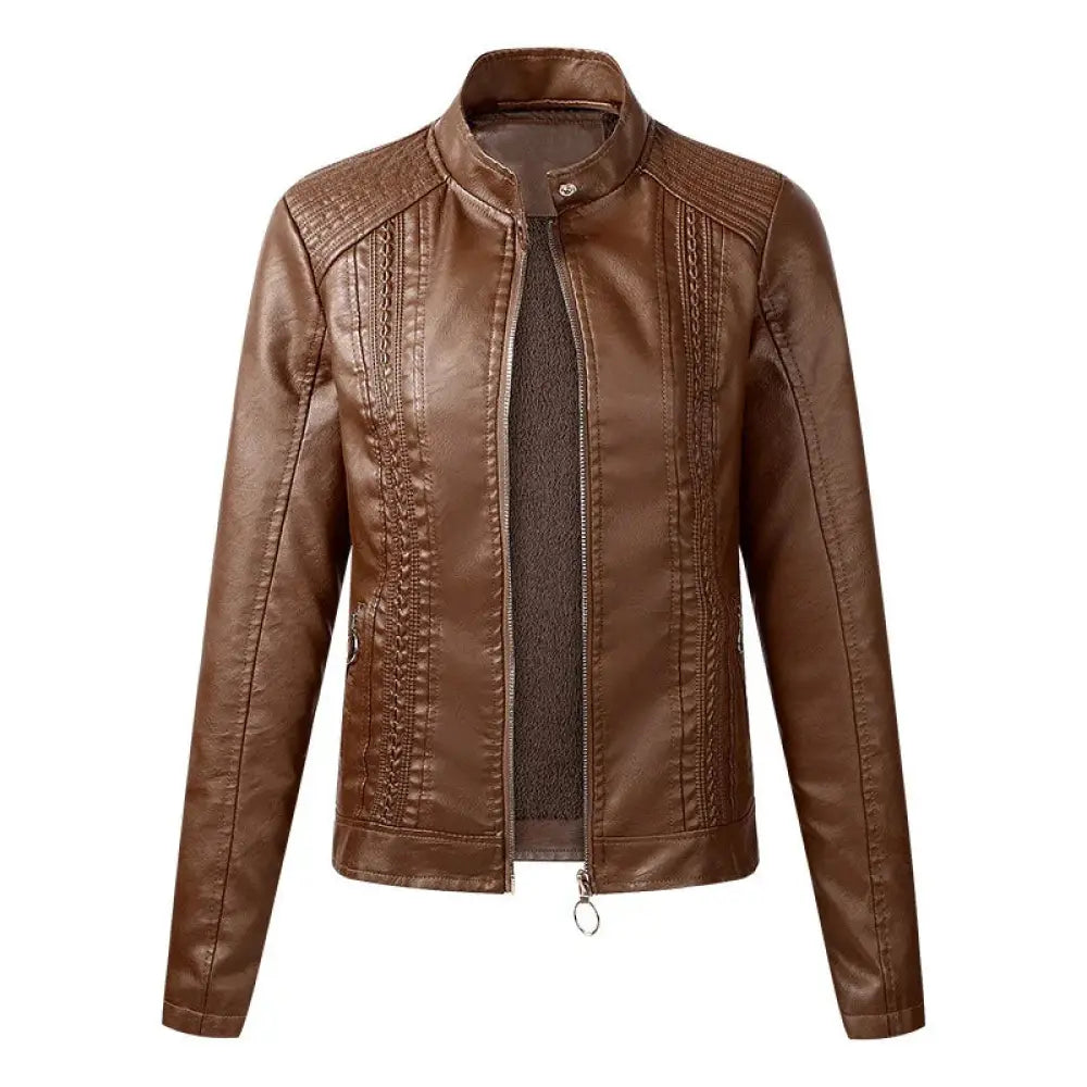 Women's Cropped Faux Leather Moto Jacket with Fleece Lining