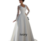Long Sleeve v Neck Lace Back Ivory Wedding Dress
