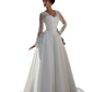Long Sleeve v Neck Lace Back Ivory Wedding Dress