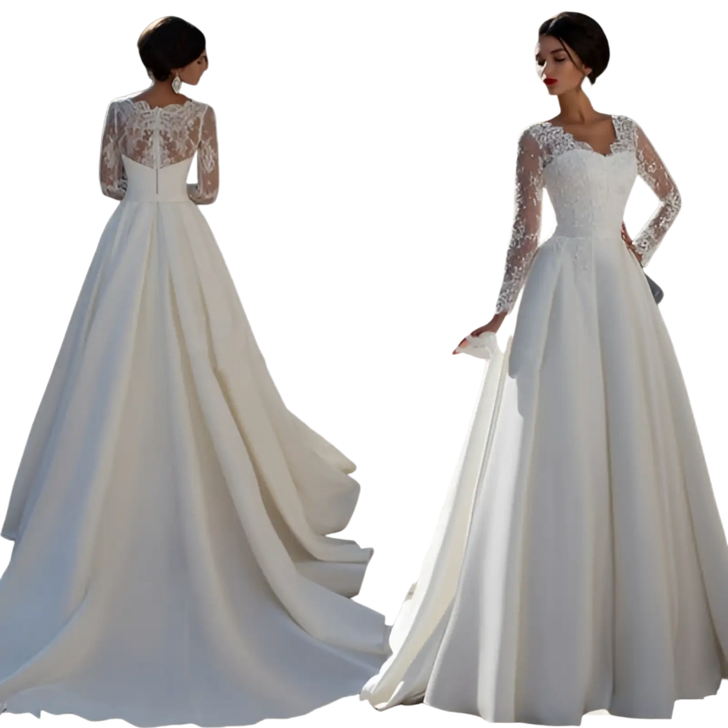 Long Sleeve v Neck Lace Back Ivory Wedding Dress