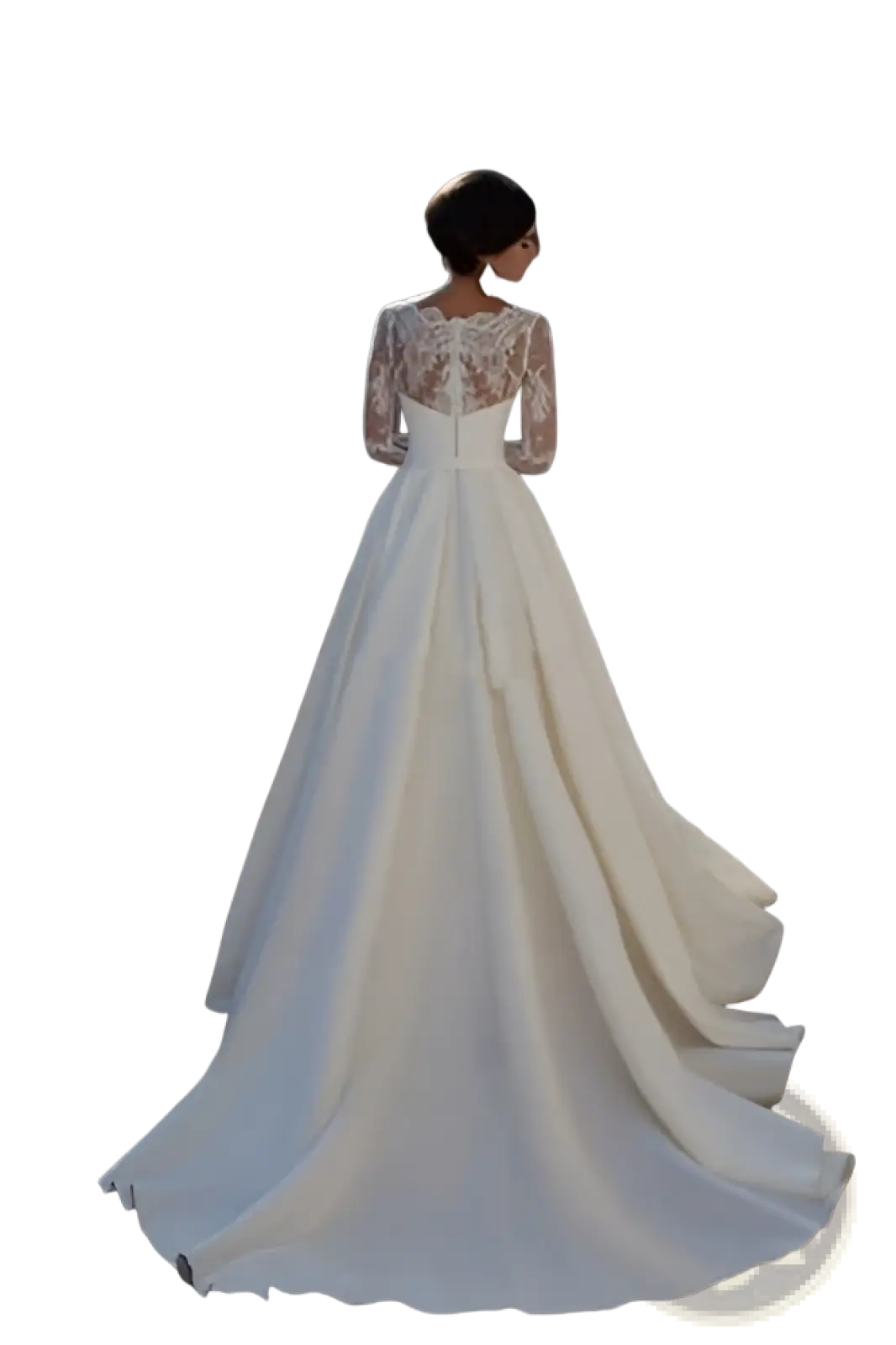 Long Sleeve v Neck Lace Back Ivory Wedding Dress