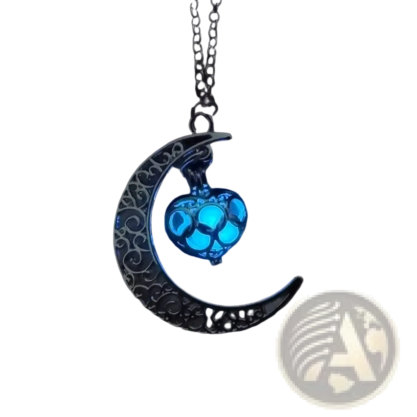 Luminous Heart and Filigree Crescent Moon Pendant Necklace