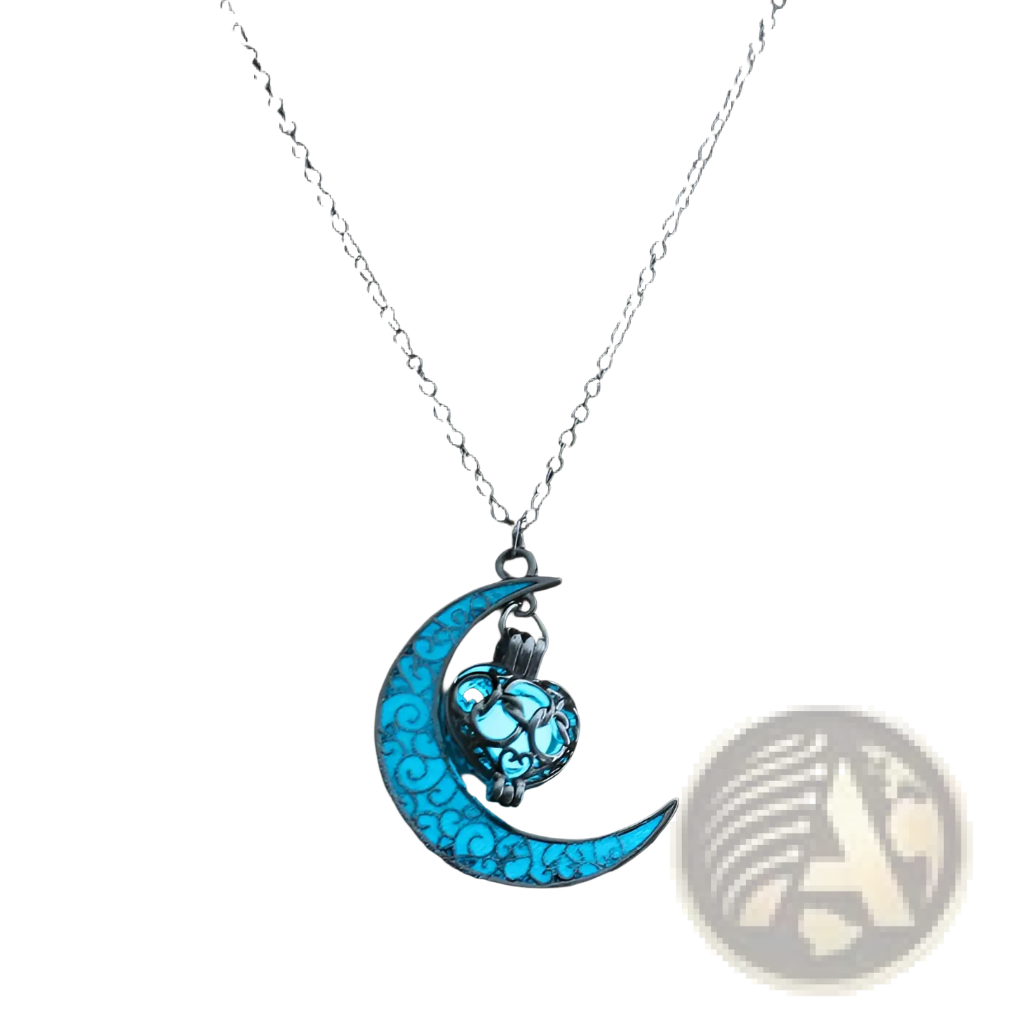 Luminous Heart and Filigree Crescent Moon Pendant Necklace