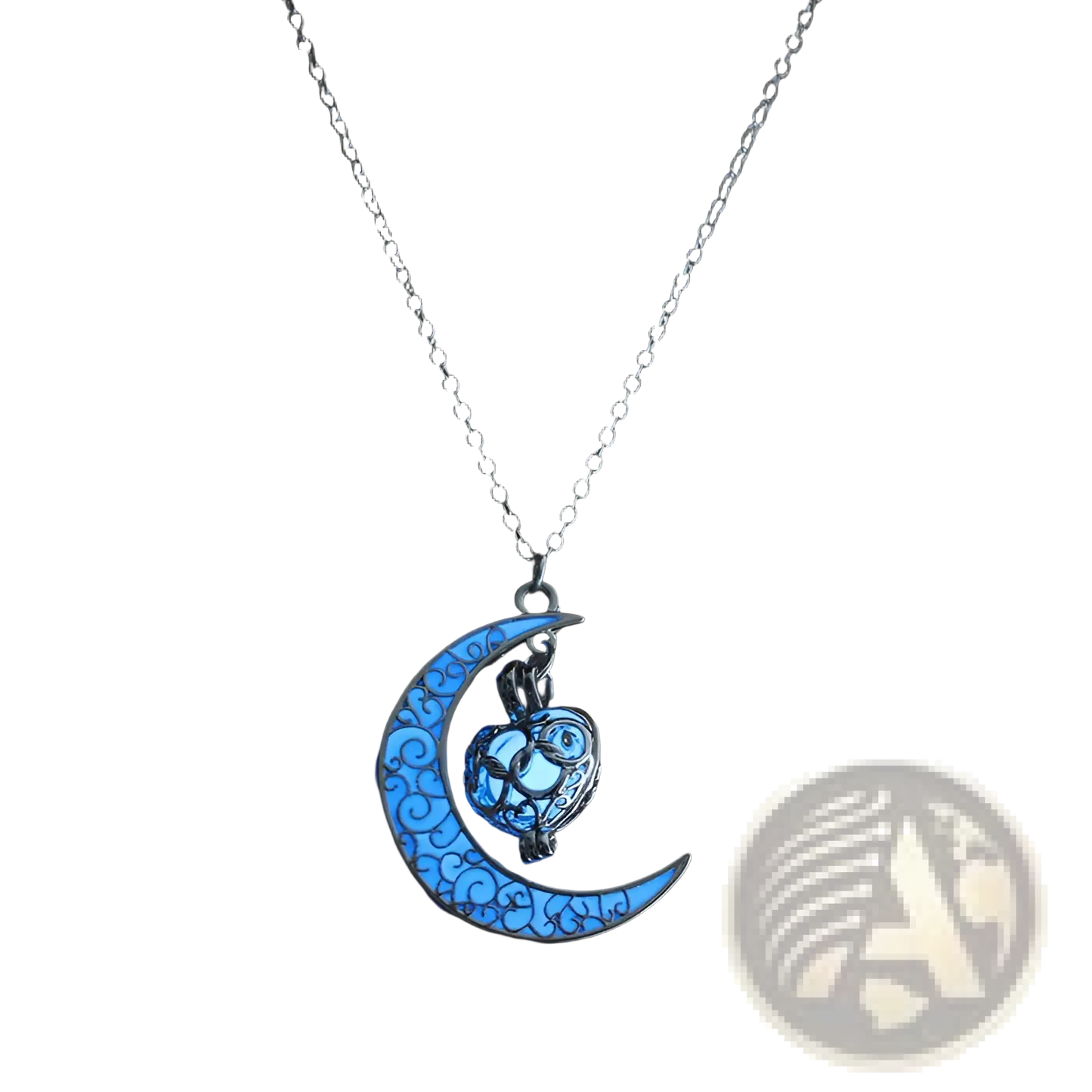 Luminous Heart and Filigree Crescent Moon Pendant Necklace