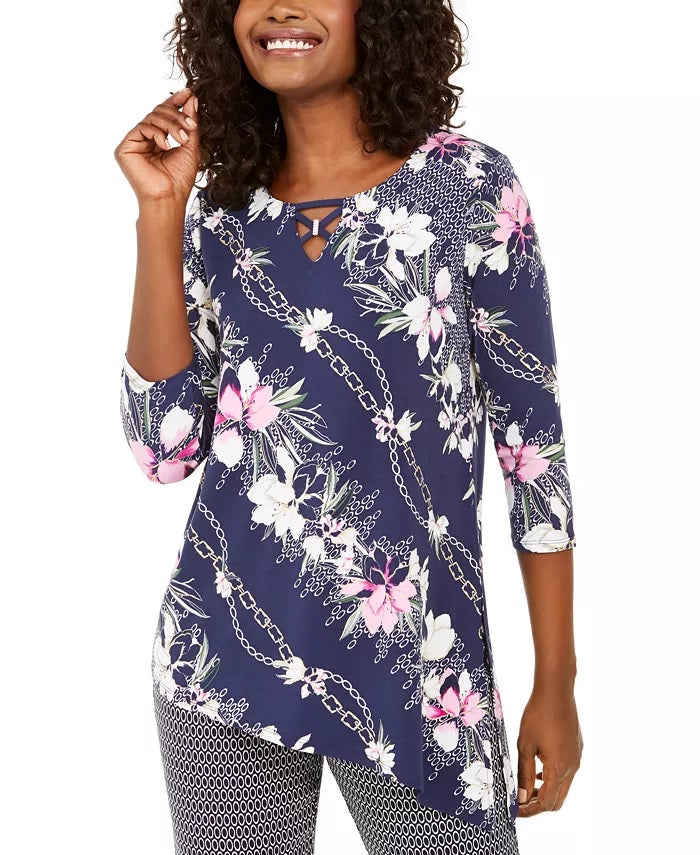 JM Collection Women's Asymmetrical Printed Top Navy Size X-Small