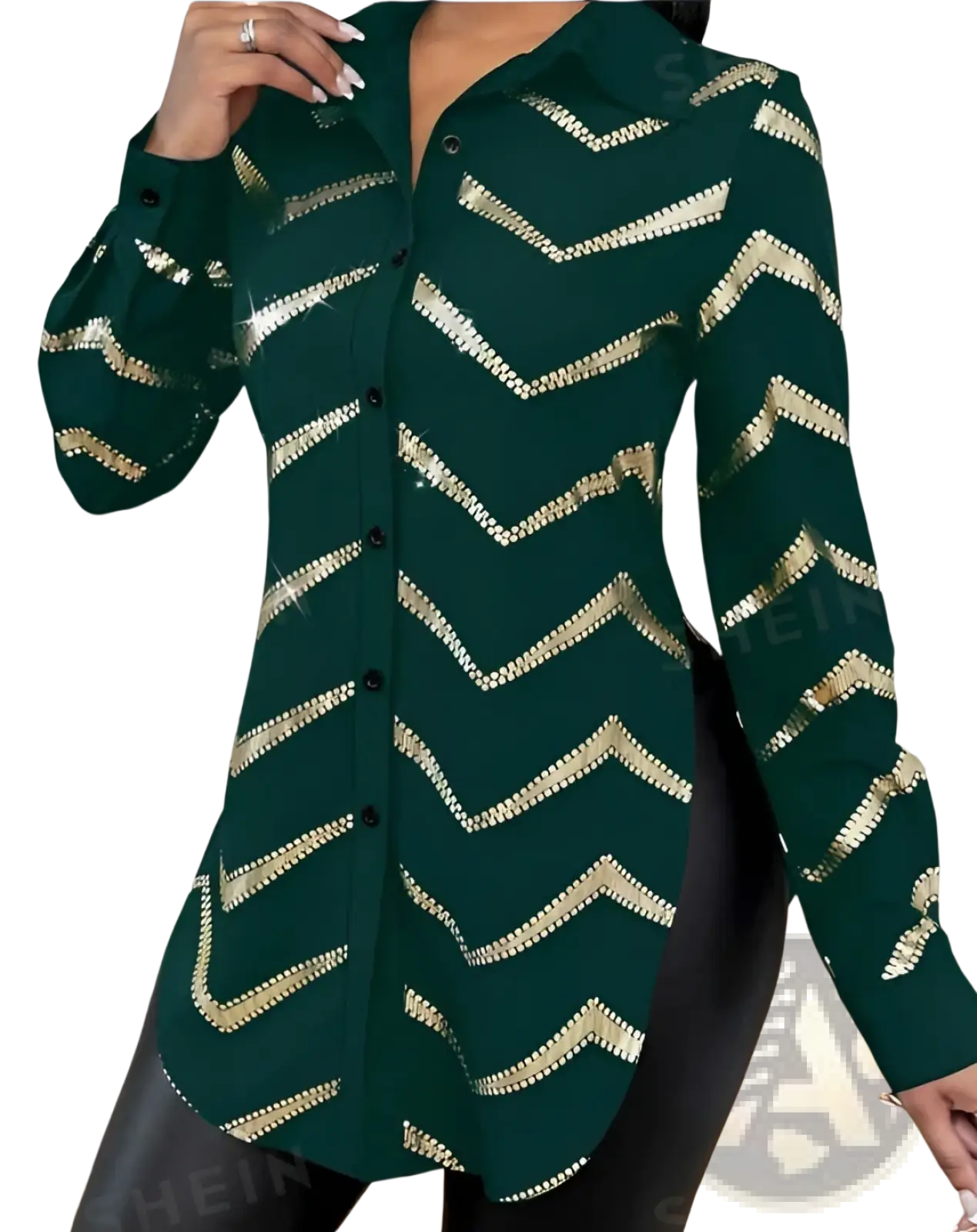Lyxana Gold Sequin Zigzag Cinched Waist Blouse
